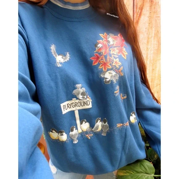 NEW Vintage fleece lined bird graphic popover sweater 🪺 - Picture 2 of 9